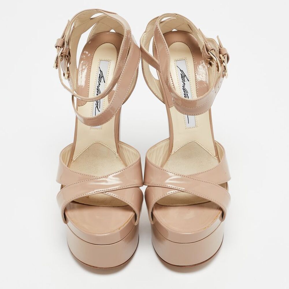 Brian Atwood Beige Patent Leather Carmen Platform Sandals Size 37.5 - Picture 3 of 7